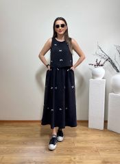 FİYONKLU TENSEL KUMAŞ BELİ LASTİKLİ ETEK BLUZ TAKIM SİYAH