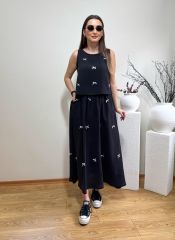 FİYONKLU TENSEL KUMAŞ BELİ LASTİKLİ ETEK BLUZ TAKIM SİYAH