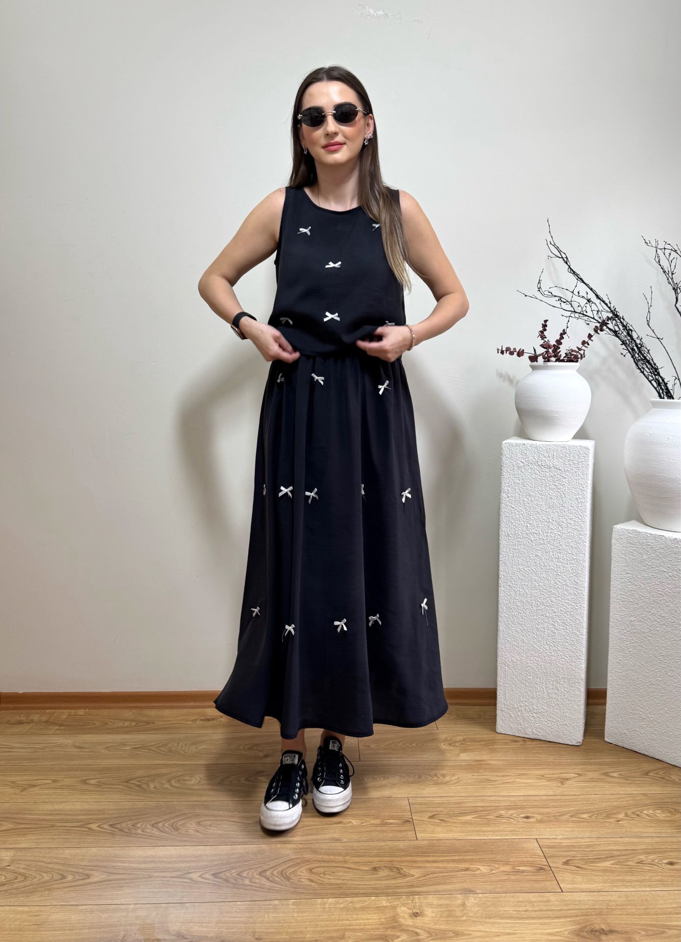 FİYONKLU TENSEL KUMAŞ BELİ LASTİKLİ ETEK BLUZ TAKIM SİYAH