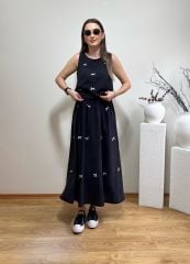 FİYONKLU TENSEL KUMAŞ BELİ LASTİKLİ ETEK BLUZ TAKIM SİYAH