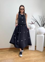 FİYONKLU TENSEL KUMAŞ BELİ LASTİKLİ ETEK BLUZ TAKIM SİYAH