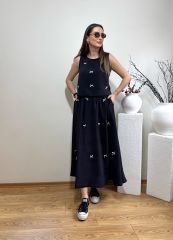 FİYONKLU TENSEL KUMAŞ BELİ LASTİKLİ ETEK BLUZ TAKIM SİYAH