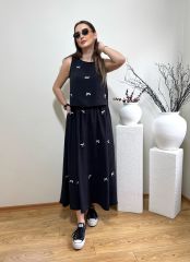 FİYONKLU TENSEL KUMAŞ BELİ LASTİKLİ ETEK BLUZ TAKIM SİYAH