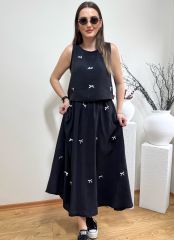 FİYONKLU TENSEL KUMAŞ BELİ LASTİKLİ ETEK BLUZ TAKIM SİYAH