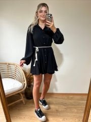 ETEK UCU VOLANLI ORJİNAL MODEL KEMERLİ ELBİSE SİYAH