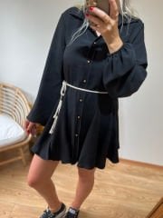 ETEK UCU VOLANLI ORJİNAL MODEL KEMERLİ ELBİSE SİYAH