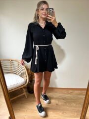 ETEK UCU VOLANLI ORJİNAL MODEL KEMERLİ ELBİSE SİYAH