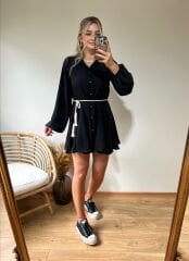 ETEK UCU VOLANLI ORJİNAL MODEL KEMERLİ ELBİSE SİYAH