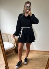 ETEK UCU VOLANLI ORJİNAL MODEL KEMERLİ ELBİSE SİYAH