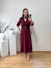GABARDİN TENSEL KUMAŞ PREMİUM KALİTE YANLARDAN CEPLİ VE  KEMERLİ ELBİSE BORDO