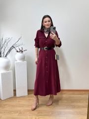 GABARDİN TENSEL KUMAŞ PREMİUM KALİTE YANLARDAN CEPLİ VE  KEMERLİ ELBİSE BORDO