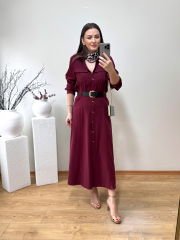 GABARDİN TENSEL KUMAŞ PREMİUM KALİTE YANLARDAN CEPLİ VE  KEMERLİ ELBİSE BORDO