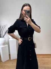 GABARDİN TENSEL KUMAŞ PREMİUM KALİTE YANLARDAN CEPLİ VE KEMERLİ ELBİSE SİYAH