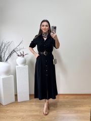 GABARDİN TENSEL KUMAŞ PREMİUM KALİTE YANLARDAN CEPLİ VE KEMERLİ ELBİSE SİYAH