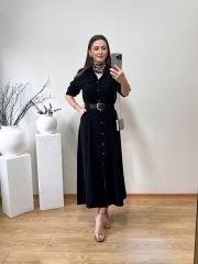 GABARDİN TENSEL KUMAŞ PREMİUM KALİTE YANLARDAN CEPLİ VE KEMERLİ ELBİSE SİYAH