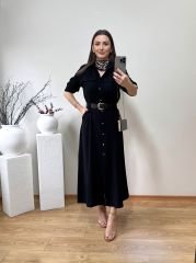 GABARDİN TENSEL KUMAŞ PREMİUM KALİTE YANLARDAN CEPLİ VE KEMERLİ ELBİSE SİYAH
