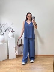 TENSEL KUMAŞ PALAZZO TAKIM İNDİGO