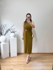 MARKA MODEL GOLD TOKA DETAYLI DRAPELİ TENSEL KUMAŞ ELBİSE YAĞ YEŞİL