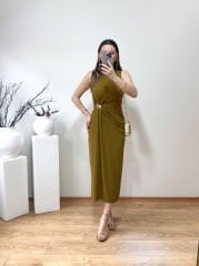 MARKA MODEL GOLD TOKA DETAYLI DRAPELİ TENSEL KUMAŞ ELBİSE YAĞ YEŞİL
