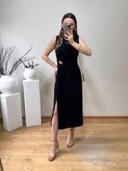 MARKA MODEL GOLD TOKA DETAYLI DRAPELİ TENSEL KUMAŞ ELBİSE SİYAH