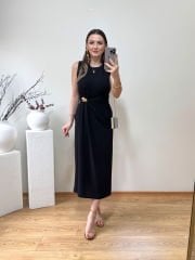MARKA MODEL GOLD TOKA DETAYLI DRAPELİ TENSEL KUMAŞ ELBİSE SİYAH