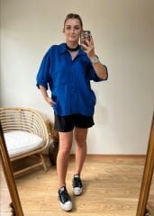 SAKS MAVİ TENSEL KUMAŞ OVERSİZE GÖMLEK