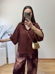 PREMİUM TENSEL KUMAŞ KISA KOLLU OVERSİZE GÖMLEK KAHVE