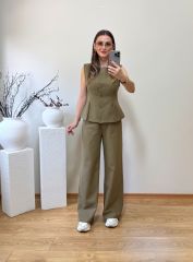 ORJİNAL MARKA HAM KETEN KUMAŞ HAKİ YEŞİL TAKIM