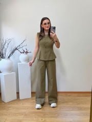 ORJİNAL MARKA HAM KETEN KUMAŞ HAKİ YEŞİL TAKIM