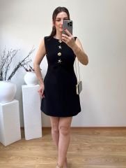 GOLD DÜĞME DETAYLI SİYAH MİNİ ELBİSE