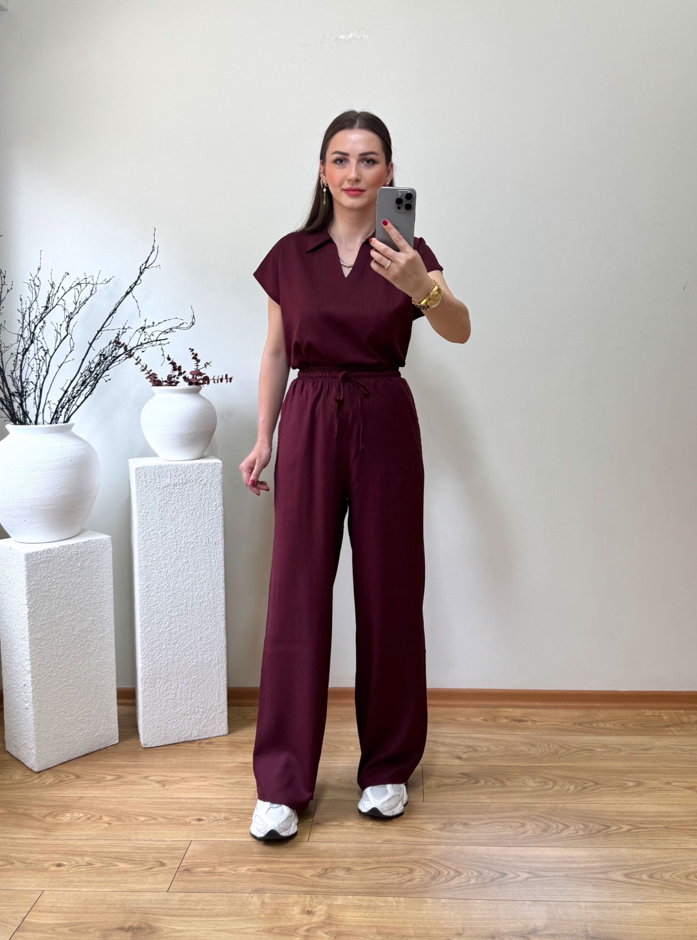 ORJİNAL MARKA ETİKETLİ GÖMLEK YAKA BLUZ TAKIM BORDO