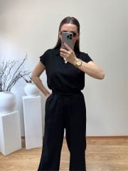 ORJİNAL MARKA ETİKETLİ GÖMLEK YAKA BLUZ TAKIM SİYAH