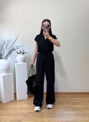 ORJİNAL MARKA ETİKETLİ GÖMLEK YAKA BLUZ TAKIM SİYAH
