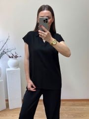 ORJİNAL MARKA ETİKETLİ GÖMLEK YAKA BLUZ TAKIM SİYAH