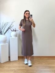 MODAL KUMAŞ BİSİKLET YAKA YANLARDAN YIRTMAÇLI BASİC ELBİSE VİZON