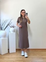 MODAL KUMAŞ BİSİKLET YAKA YANLARDAN YIRTMAÇLI BASİC ELBİSE VİZON