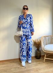 VİSKON KUMAŞ BELİ LASTİKLİ GÖMLEK TAKIM SAKS MAVİSİ