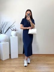 MODAL KUMAŞ BİSİKLET YAKA YANLARDAN YIRTMAÇLI BASİC ELBİSE LAİCVERT