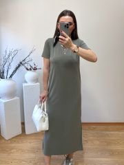 MODAL KUMAŞ BİSİKLET YAKA YANLARDAN YIRTMAÇLI BASİC ELBİSE HAKİ