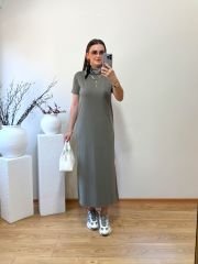 MODAL KUMAŞ BİSİKLET YAKA YANLARDAN YIRTMAÇLI BASİC ELBİSE HAKİ