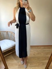 TASARIM MODEL HALTER YAKA PİLİSE KUMAŞ KUŞAKLI ELBİSE LACİVERT