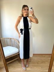 TASARIM MODEL HALTER YAKA PİLİSE KUMAŞ KUŞAKLI ELBİSE LACİVERT