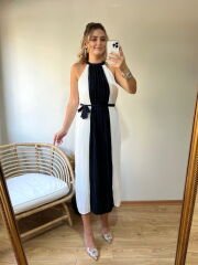 TASARIM MODEL HALTER YAKA PİLİSE KUMAŞ KUŞAKLI ELBİSE LACİVERT