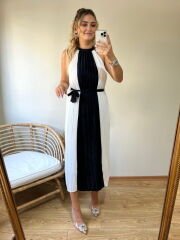 TASARIM MODEL HALTER YAKA PİLİSE KUMAŞ KUŞAKLI ELBİSE LACİVERT