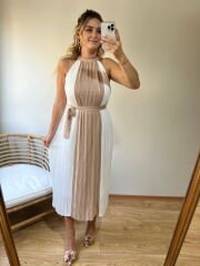 TASARIM MODEL HALTER YAKA PİLİSE KUMAŞ ELBİSE BEJ