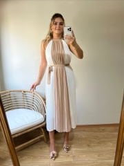 TASARIM MODEL HALTER YAKA PİLİSE KUMAŞ ELBİSE BEJ