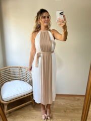 TASARIM MODEL HALTER YAKA PİLİSE KUMAŞ ELBİSE BEJ