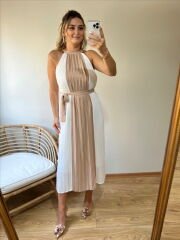 TASARIM MODEL HALTER YAKA PİLİSE KUMAŞ ELBİSE BEJ