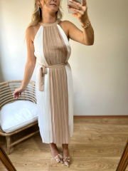TASARIM MODEL HALTER YAKA PİLİSE KUMAŞ ELBİSE BEJ