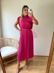 TASARIM MODEL PİLİSE KUMAŞ KEMERLİ ELBİSE PEMBE